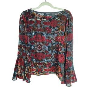 Karen Kane sheer velvet burnout blouse sz M bell sleeve witchy goth fairy